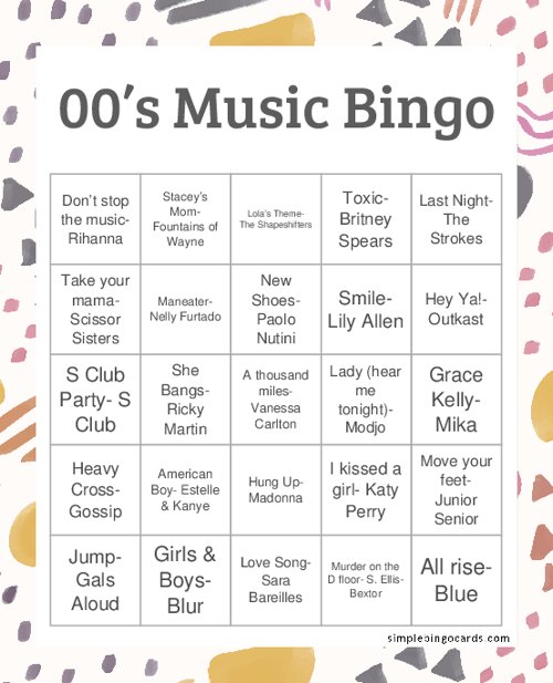 00’s Music Bingo
