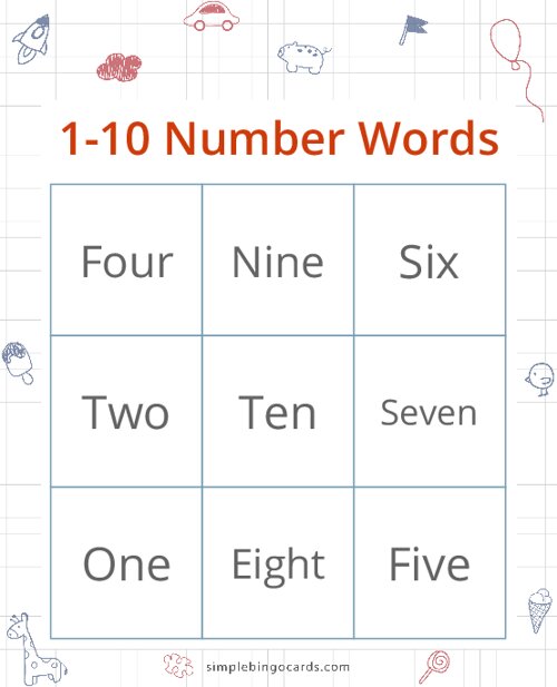1-10 Number Word Bingo