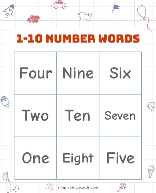 1-10 Number Word Bingo