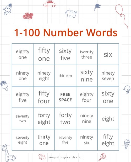 1-100 Number Words Bingo