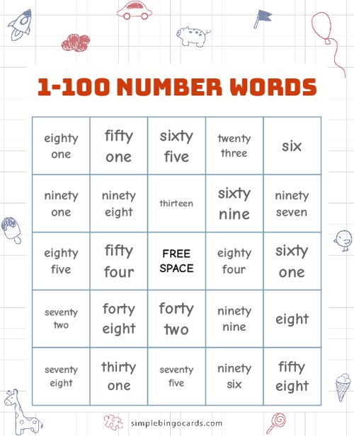 1-100 Number Words Bingo