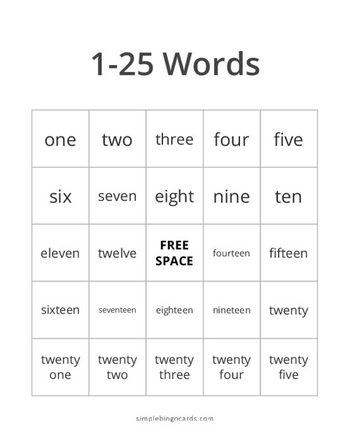 1-25 Words Bingo