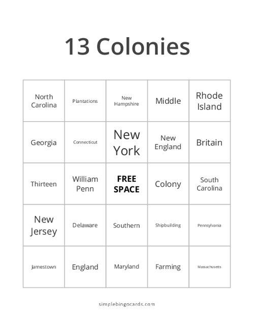 13 Colonies Bingo