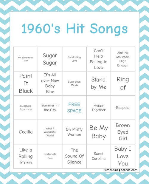 1960s Hit Songs Bingo