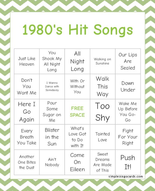 1980s Hit Songs Bingo
