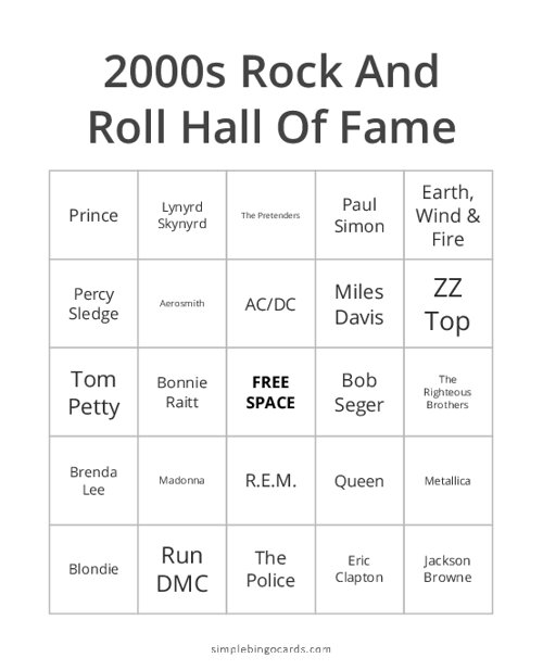 2000s Rock And Roll Hall Of Fame Bingo