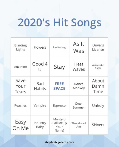 2020s Hit Songs Bingo