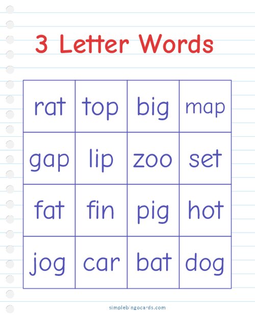 3 Letter Words Bingo