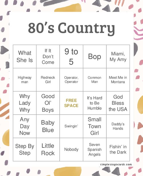 80s Country Bingo