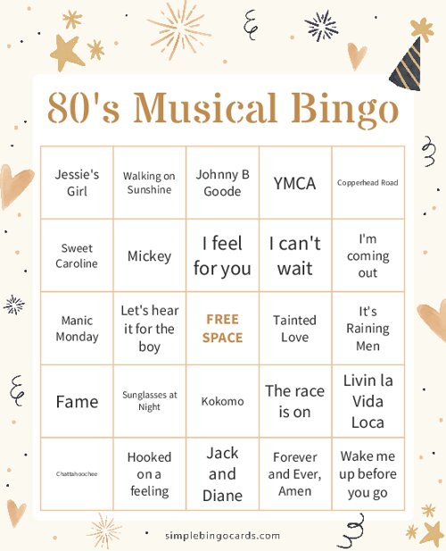 80s Musical Bingo