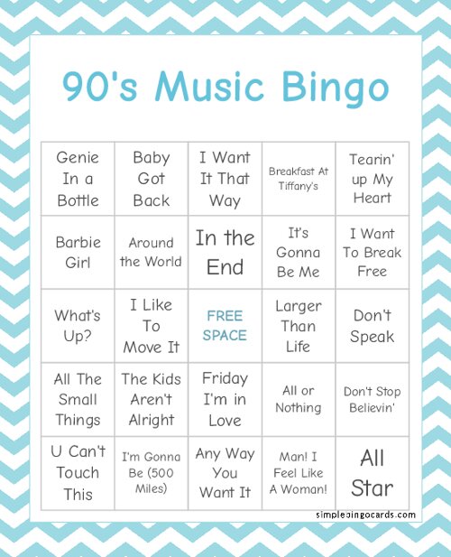 90s Music Bingo