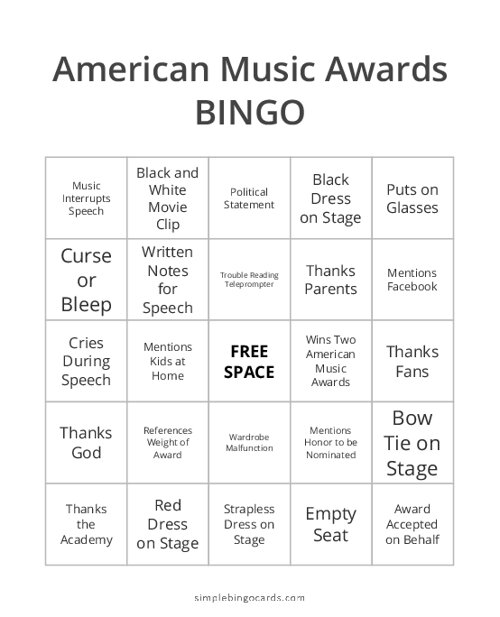 American Music Awards Bingo