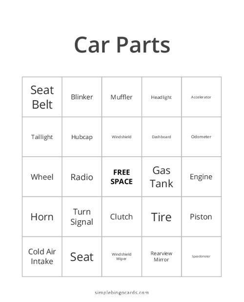 Car Parts Bingo