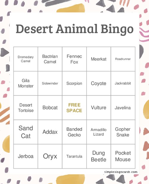 Desert Animal Bingo