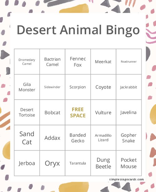 Desert Animal Bingo