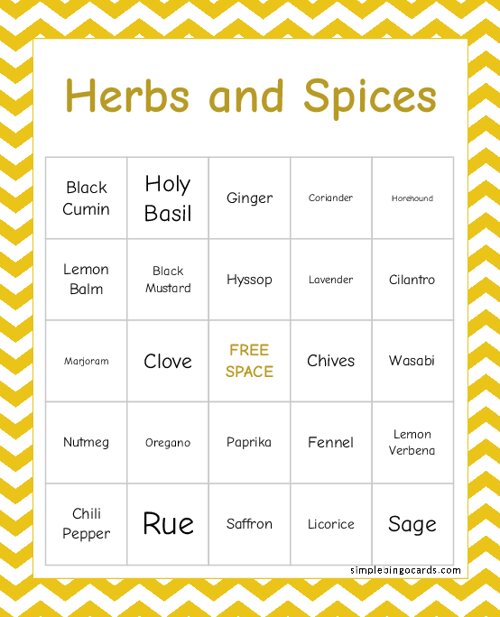 Herbs and Spices Bingo