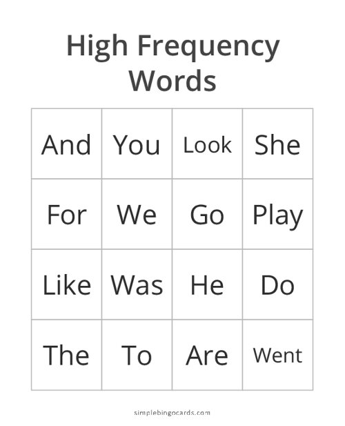 High Frequency Words Bingo
