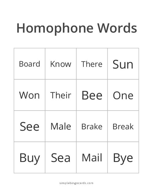 Homophone Words Bingo