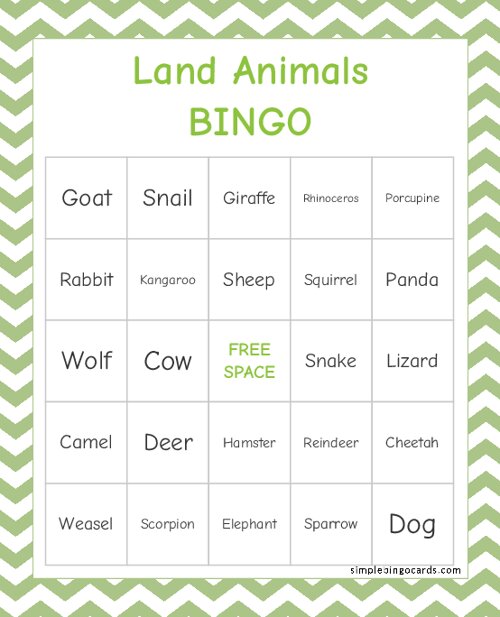 Land Animals Bingo