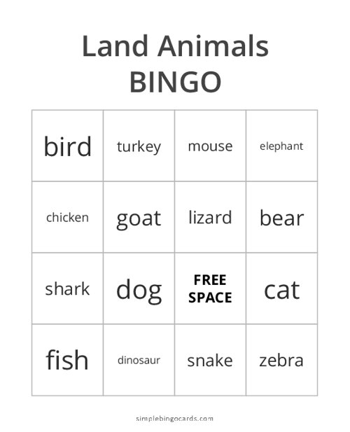Land Animals Bingo