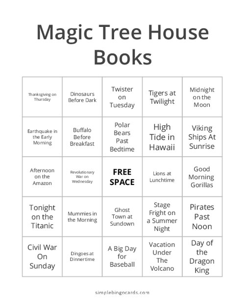Magic Tree House Books Bingo