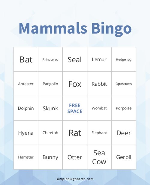 Mammals Bingo