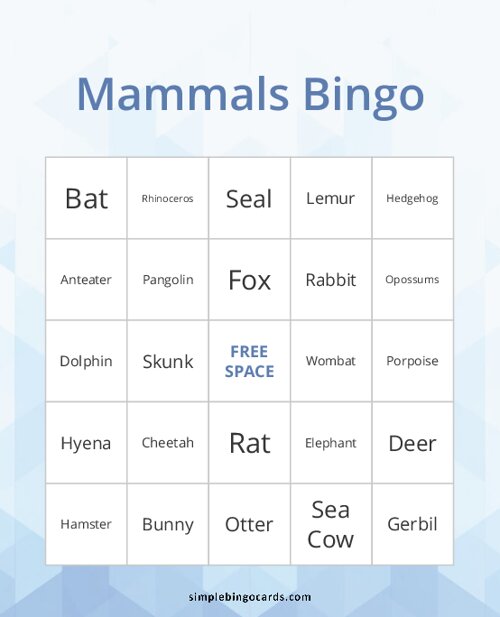 Mammals Bingo