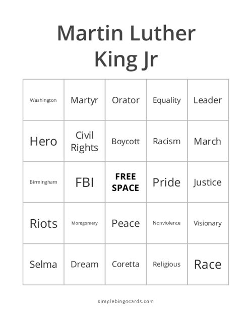 Martin Luther
King Jr Bingo