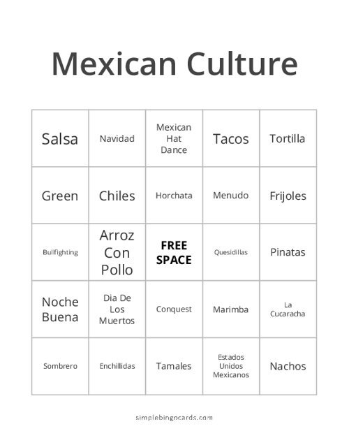 Mexican Culture Bingo