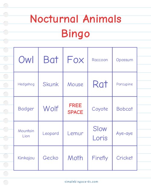 Nocturnal Animals Bingo