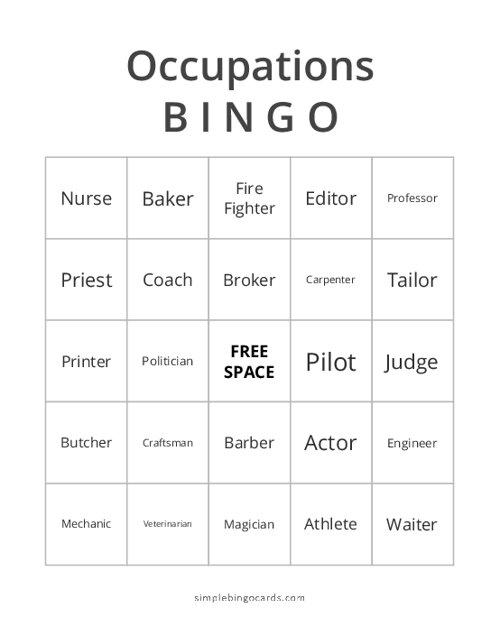 Occupations Bingo