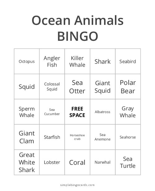 Ocean Animals Bingo
