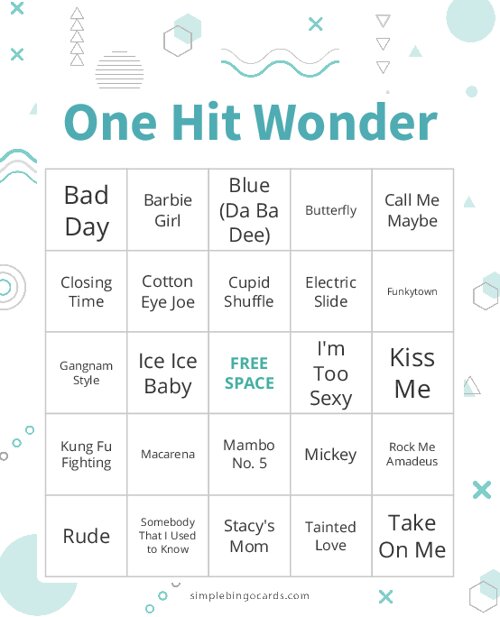 One Hit Wonder Bingo