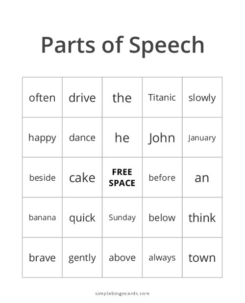 Parts of Speech Bingo