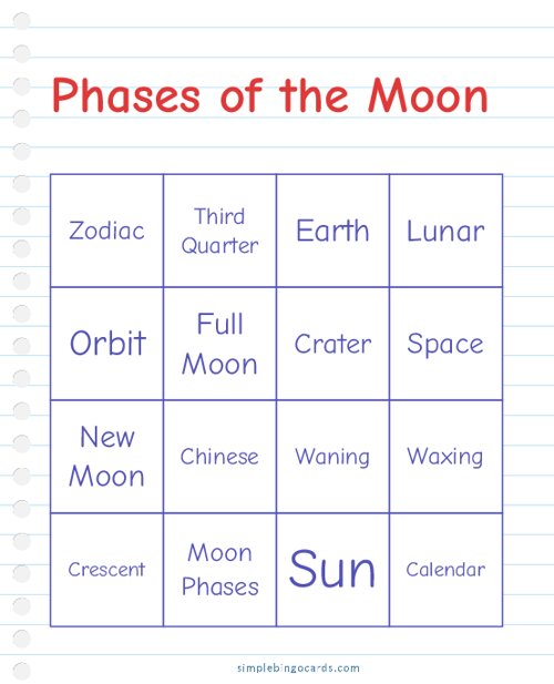 Phases of The moon Bingo