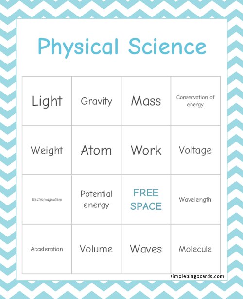 Physical Science Bingo