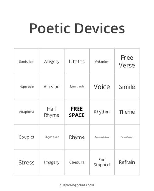 Poetic Devices Bingo