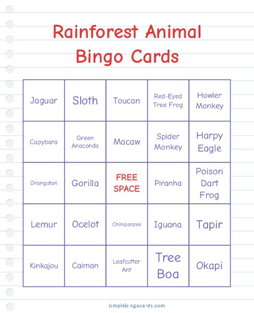 Rainforest Animal Bingo Cards
