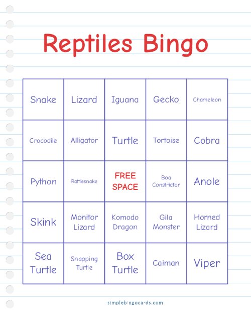 Reptiles Bingo