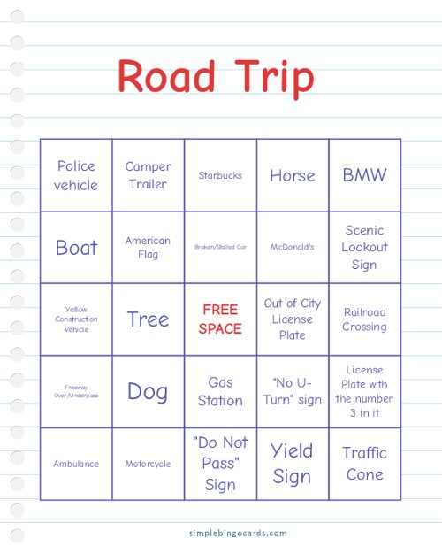 Road Trip Bingo