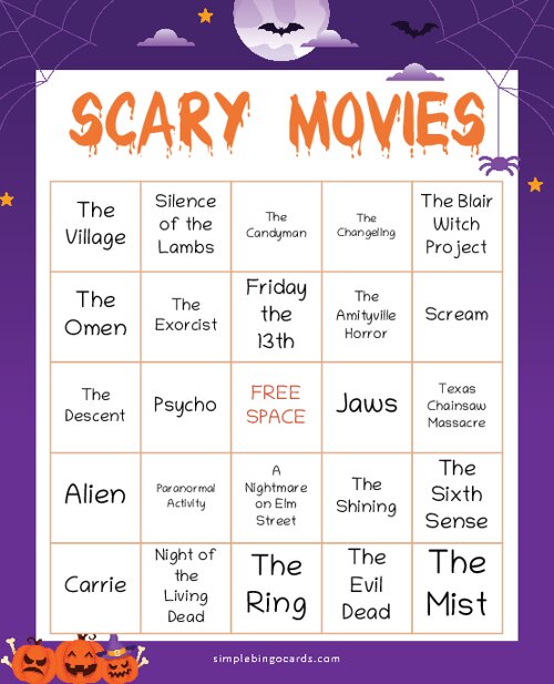 Scary Movies Bingo