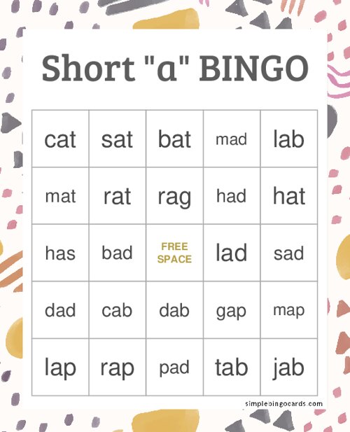 Short Vowel a Bingo