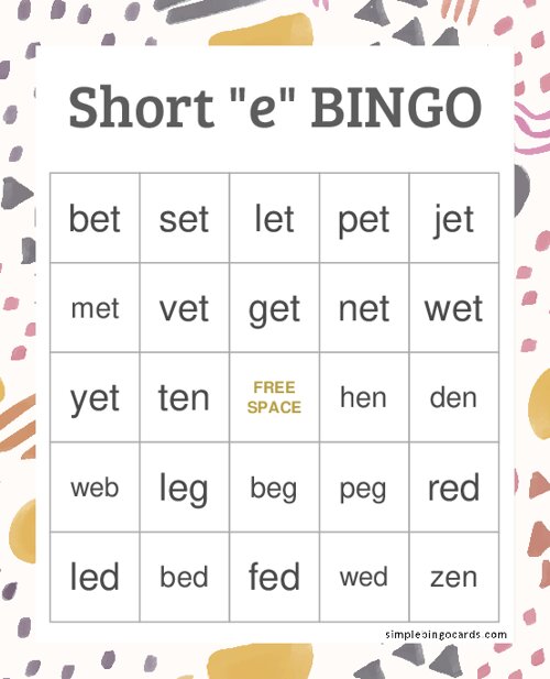 Short Vowel e Bingo