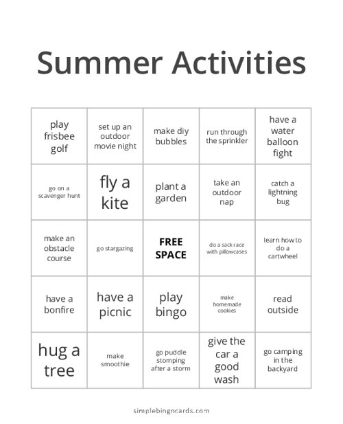 Summer Activities Bingo