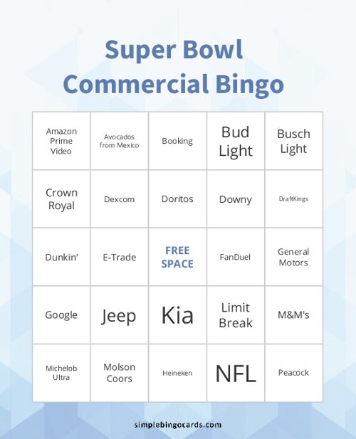 Super Bowl Commercial Bingo