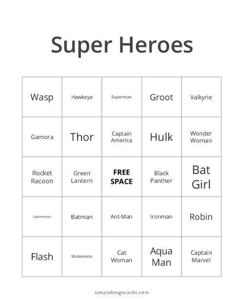 Super Heroes Bingo