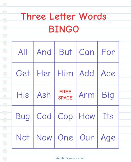 Three Letter Words Bingo