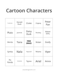 Cartoon Characters Bingo Card