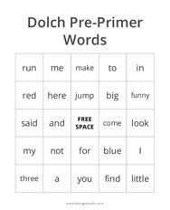 Dolch Pre-Primer Words Bingo