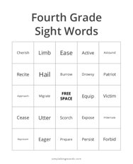 Fourth Grade Sight Words Bingo